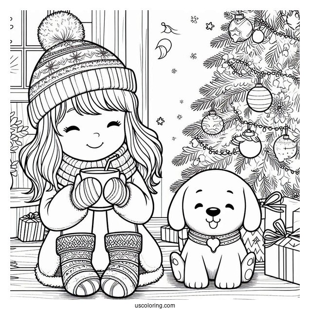 Christmas Coloring Pages For Adults Of Little Girl Drinking Hot Chocolate Next To The Christmas Tree With Her Dog