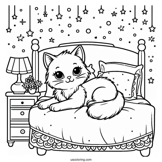 Cat Lying On Bed Coloring Sheet