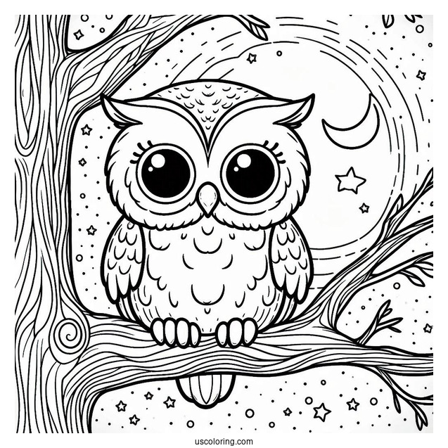Cute Owl Sitting In Tree During Night