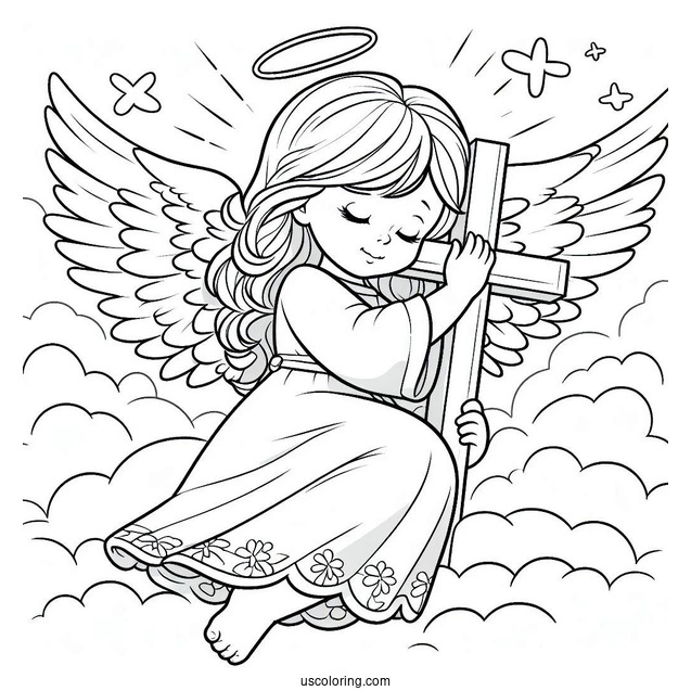 Adorable Angel Hugging A Cross In The Sky Coloring Sheet For Kids