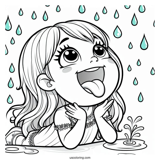 Little Girl Sticking Tongue Out To Catch Rain Coloring Page