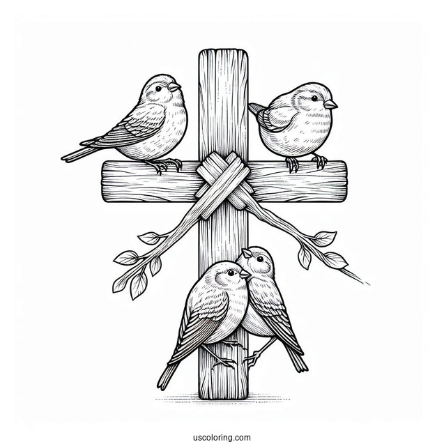 Four Birds Perched On A Cross Coloring Page