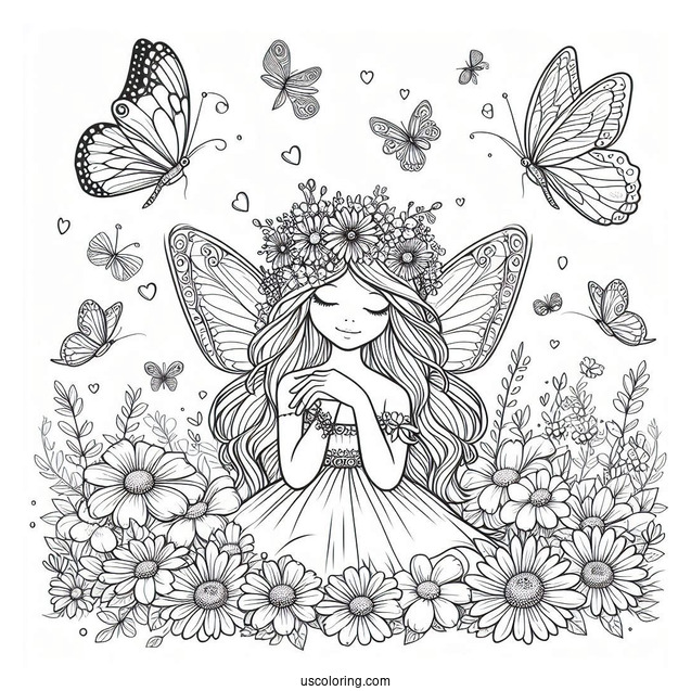 Beautiful Fairy Surrounded By Butterflies On A Flower Field