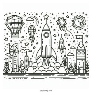 Kids Coloring Page Of a Rocket Launching