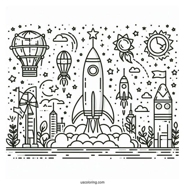 Kids Coloring Page Of a Rocket Launching