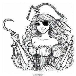 Female Pirate Coloring Page With Eyepatch, Sword, And Hook