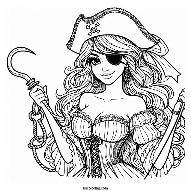 Female Pirate Coloring Page With Eyepatch, Sword, And Hook
