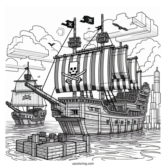 Minecraft Pirate Ship Coloring Page Docked At The Port