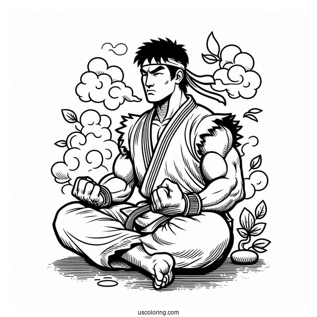 Street Fighter Coloring Page Of Ryu Meditating For Kids