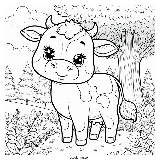 Happy Cow Standing In Forrest Coloring Sheet