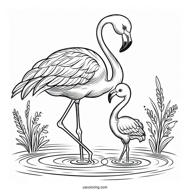 Mother And Baby Flamingo In Water To Color