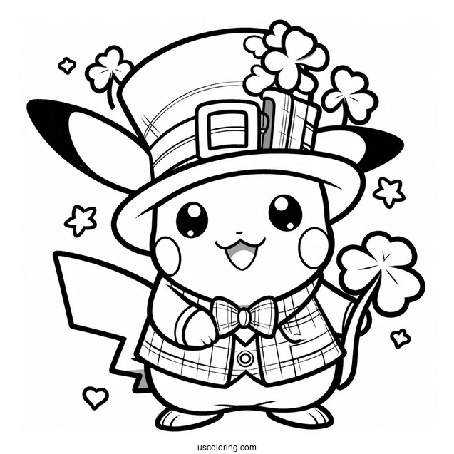 St. Patrick's Day Coloring Page Of Adorable Pikachu Dressed As A Leprechaun For Kids