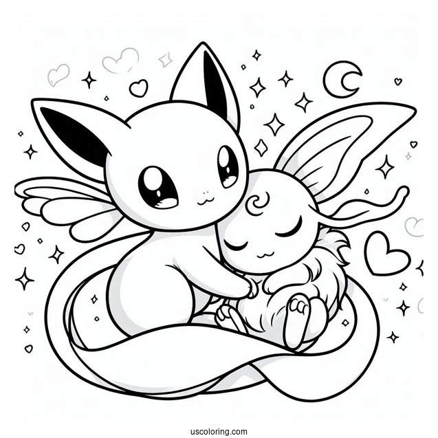 Mew Coloring Page Cuddling With Eevee