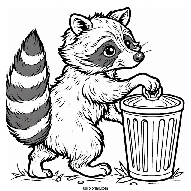Raccoon Coloring Page Pushing A Garbage Bin