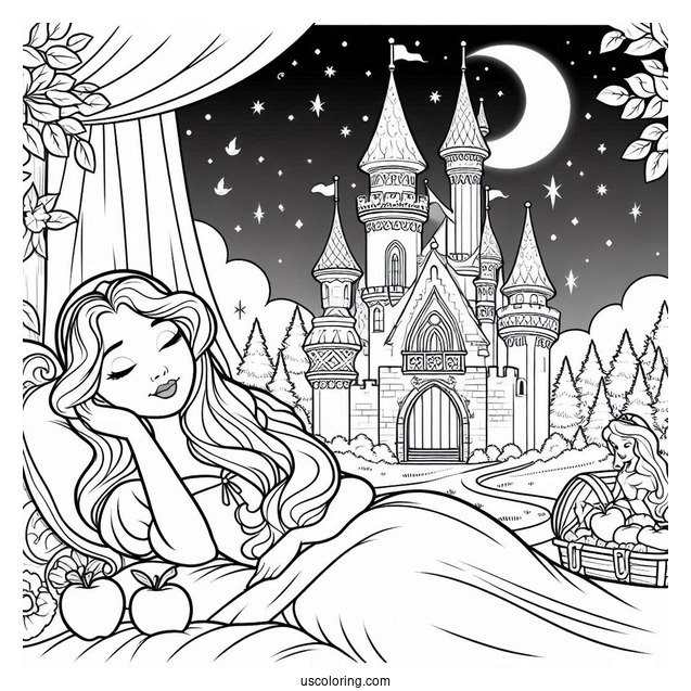Sleeping Beauty Coloring Page Of Snow White And Aurora Outside A Castle