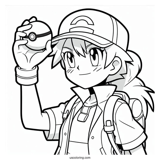 Pokemon Trainer Ash Holding Up A Pokéball Coloring Page