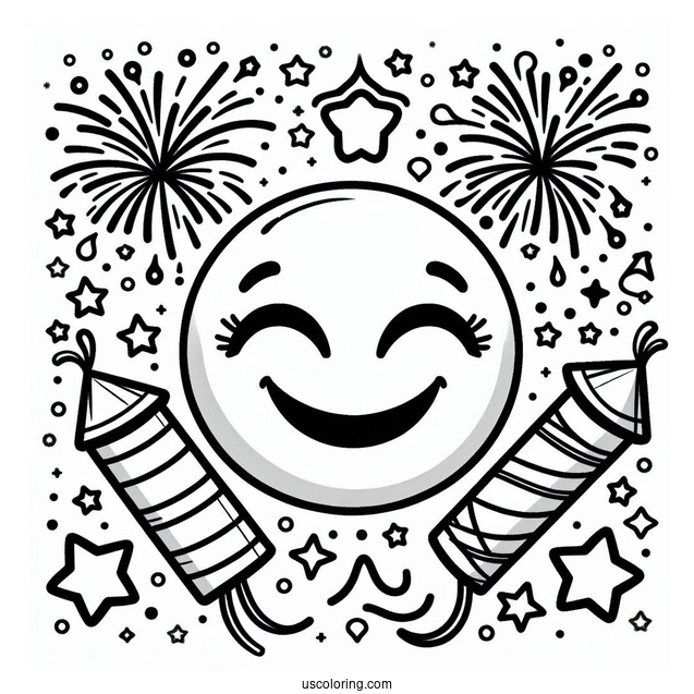New Year Coloring Page Of Smiling Emoji With Fireworks And Stars