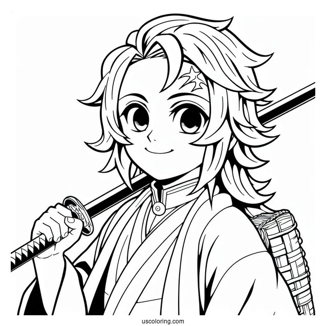 Smiling Tanjiro Coloring Page Holding Nichirin Sword Behind Him