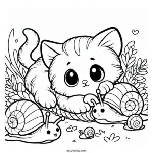 Coloring Sheet Of Kitten Playing With Snails