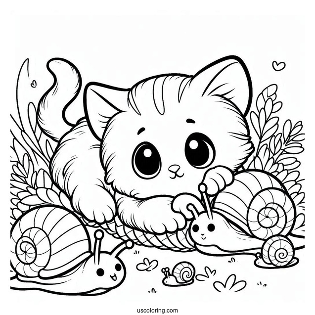 Coloring Sheet Of Kitten Playing With Snails