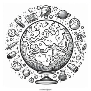 Easy Earth Surrounded By Science Coloring Page And Technology