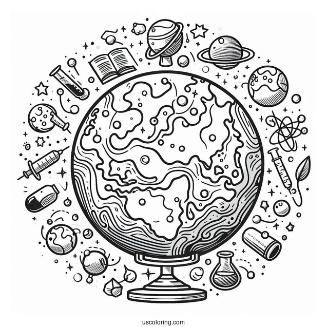 Easy Earth Surrounded By Science Coloring Page And Technology