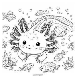 Cheerful Axolotl Coloring Page Swimming With Fishes