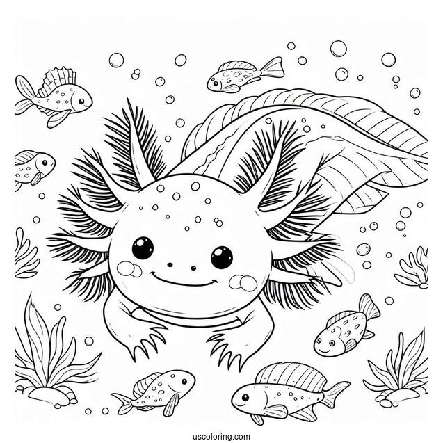 Cheerful Axolotl Coloring Page Swimming With Fishes