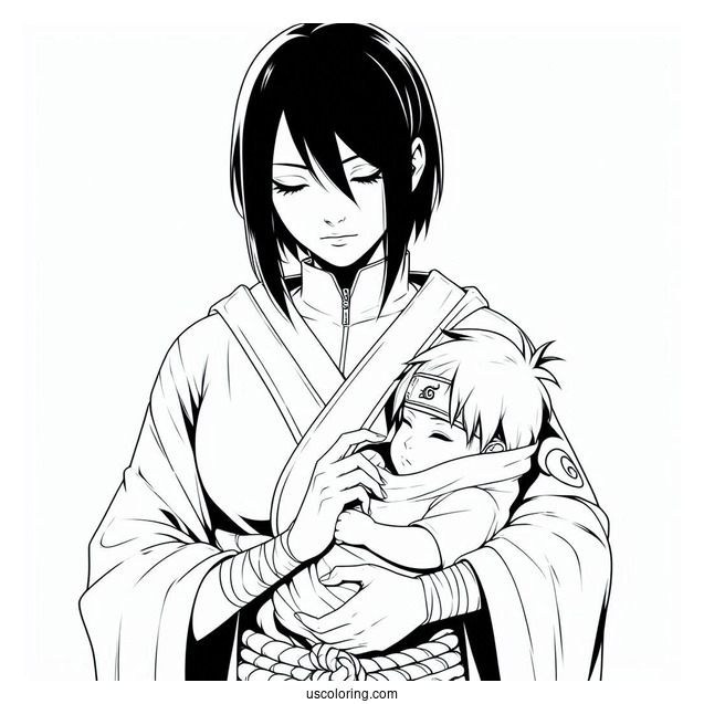 Adult Uchiha Sasuke Coloring Page Holding Baby Sarada