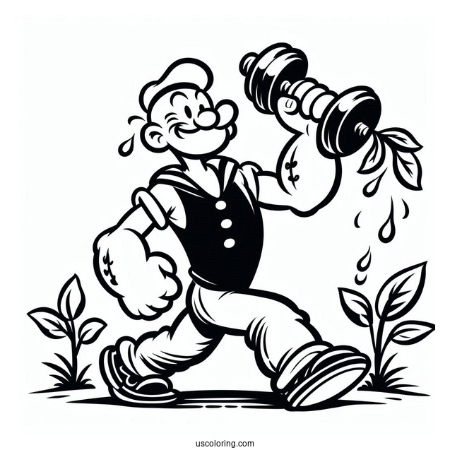 Easy Popeye Coloring Page Lifting Dumbbell While Holding Spinach For Kids