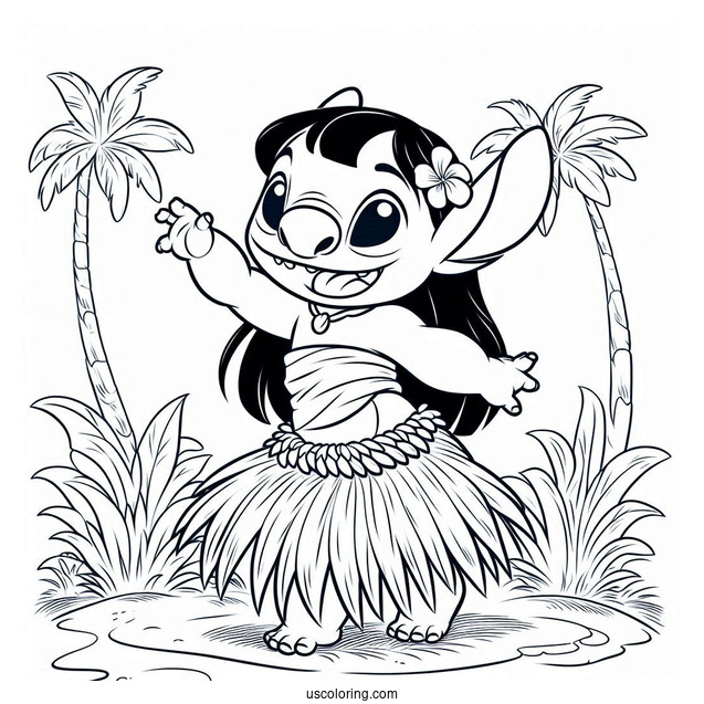 Coloring Page Of Lilo Doing Hula In Grass Skirt
