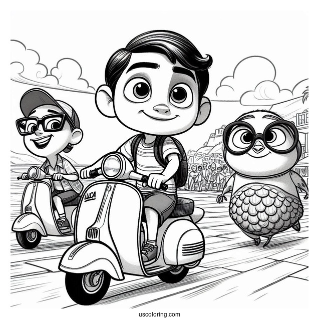 Pixar Coloring Page of Luca, Alberto, And Guila Riding Scooter