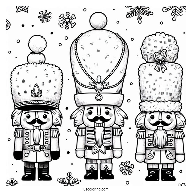 Nutcracker Coloring Page Wearing Different Hats With Snow In The Background