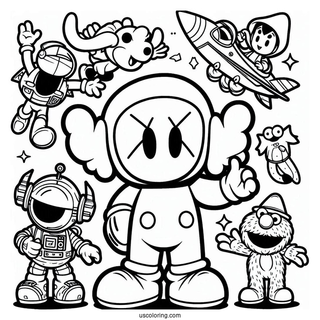KAWS Coloring Page Astro Boy, Elmo, And Pinocchio For Kids