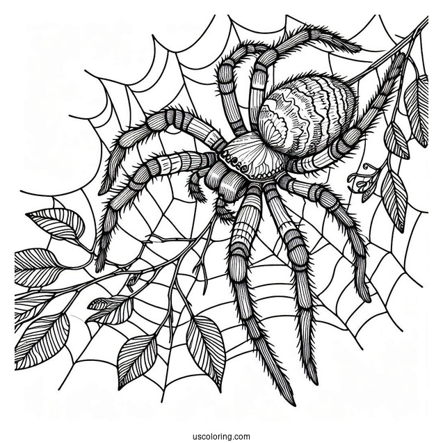 Huntsman Spider On Web Coloring Page