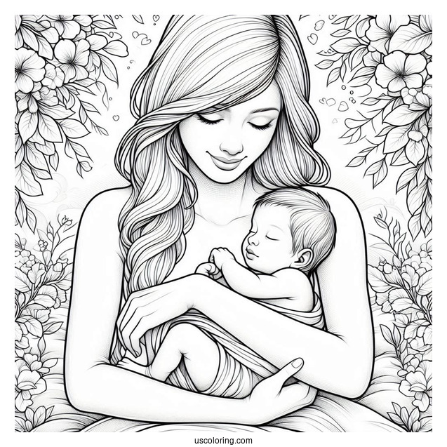 Realistic Woman Holding Newborn Baby Coloring Page