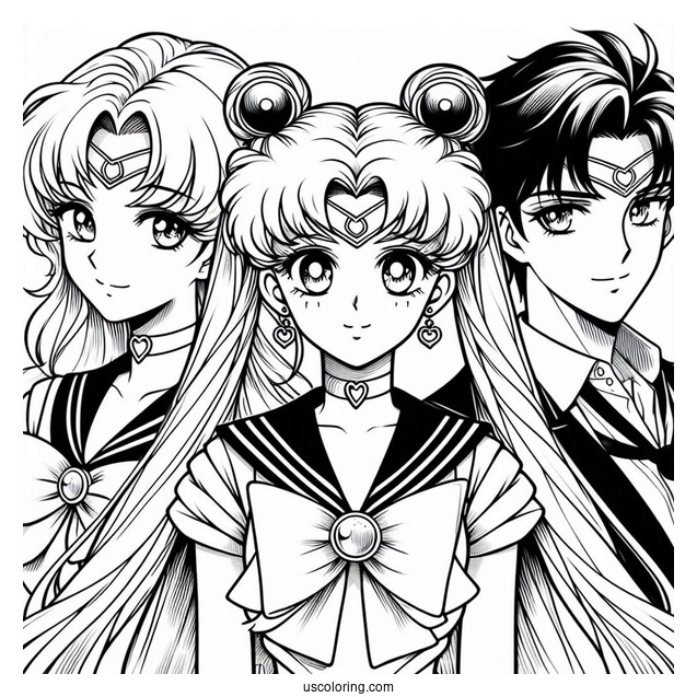 Sailor Moon, Tuxedo Mask, and Chibusa Coloring In