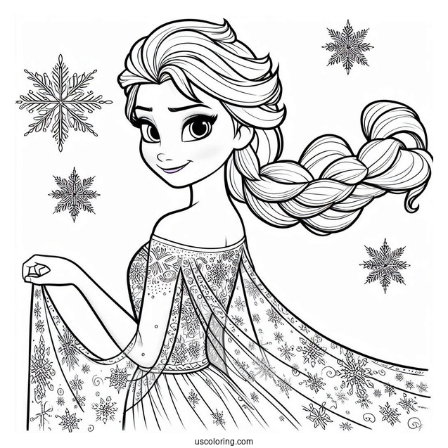 Elsa Stunning Dress With Snowflake Background Coloring Page