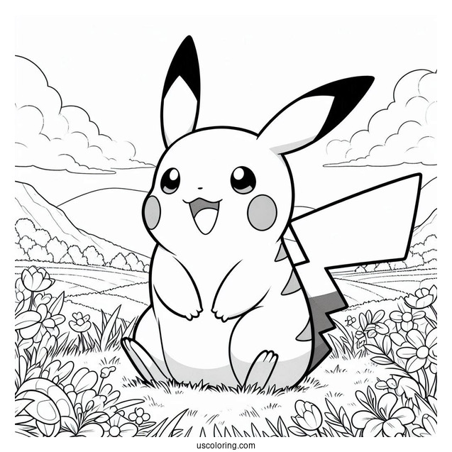 Happy Pikachu And Raichu Coloring Page On A Field