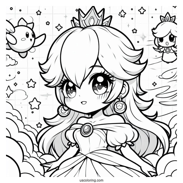 Chibi Princess Rosalina In The Sky With Lumas Coloring Sheet