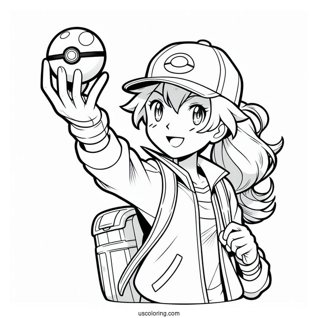 Pokemon Trainer Ash Holding Up A Pokéball Coloring Page