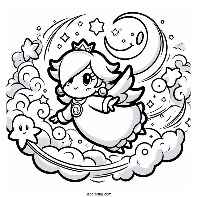 Rosalina Coloring Page Flying In The Sky With Luma