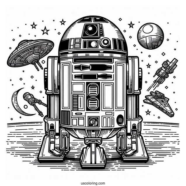 Simple R2-D2 Coloring Page In A Starship