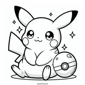 Kawaii Pikachu Sitting On Pokeball Coloring Sheet