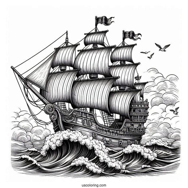 Realistic Pirate Ship Coloring Page With Large Waves At The Side