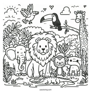 Jungle Coloring Page Of Cute Lion, Buffalo, Crocodile, Zebra, Toucan, Elephant, Giraffe, And Monkey