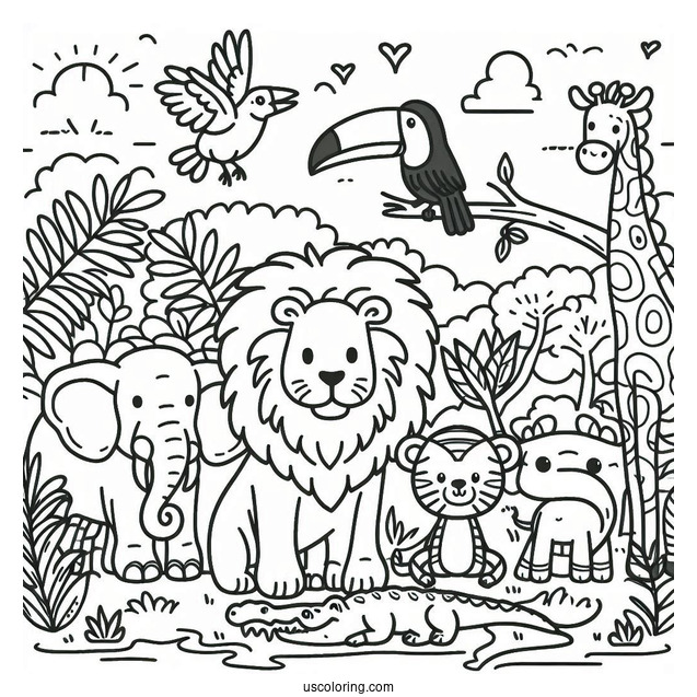 Jungle Coloring Page Of Cute Lion, Buffalo, Crocodile, Zebra, Toucan, Elephant, Giraffe, And Monkey