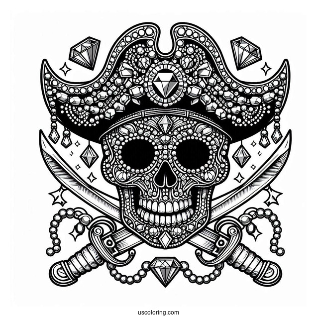 Bejeweled Pirate Coloring Page Skull With Swords For Kids