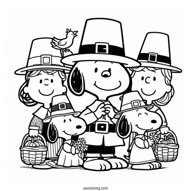 Snoopy And Friends Pilgrim Coloring Page Celebrating Thanksgiving