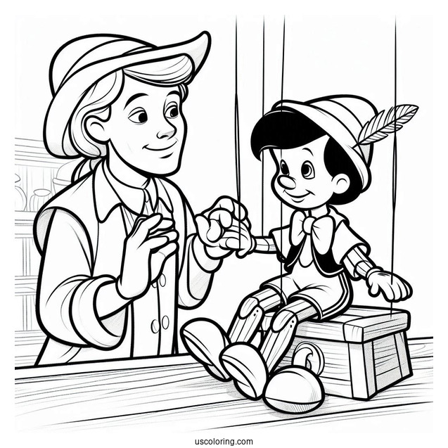 Figaro Playing With Puppet Pinocchio Coloring Page In Workshop